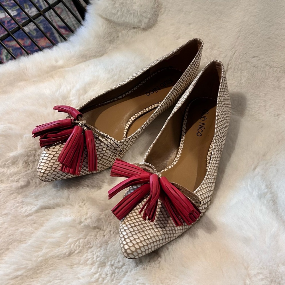 Klub Nico Snakeskin Flats with Red Tassels